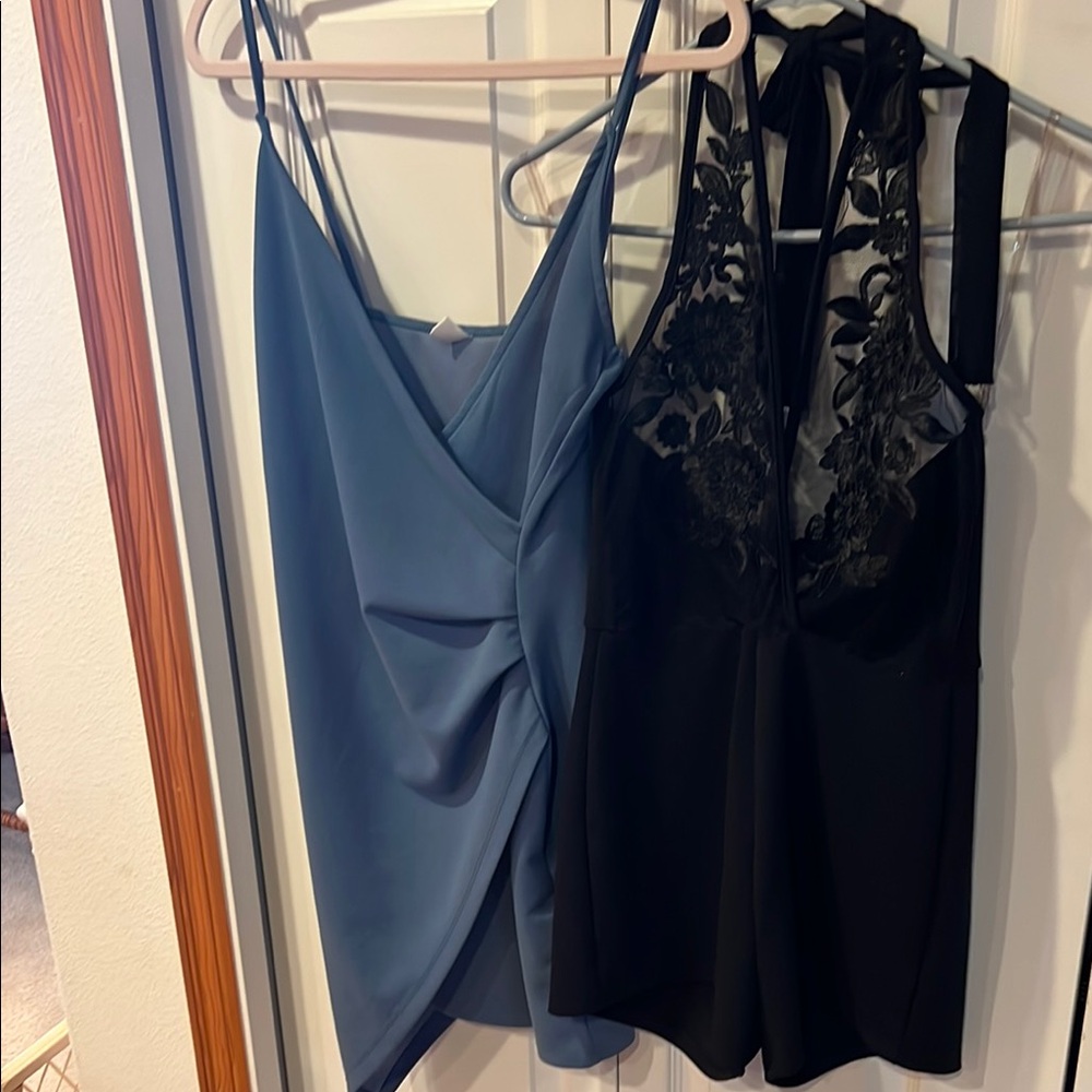 Charlotte Russe Blue Spaghetti Strap Slip Dress & Black Lace Halter Romper